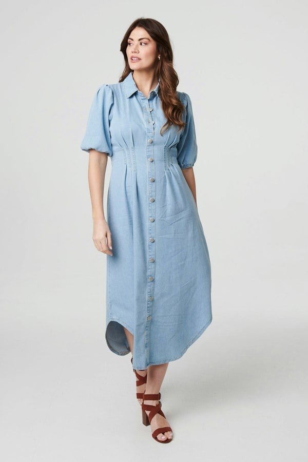 Blue | Denim 1/2 Puff Sleeve Ruched Maxi Shirt Dress
