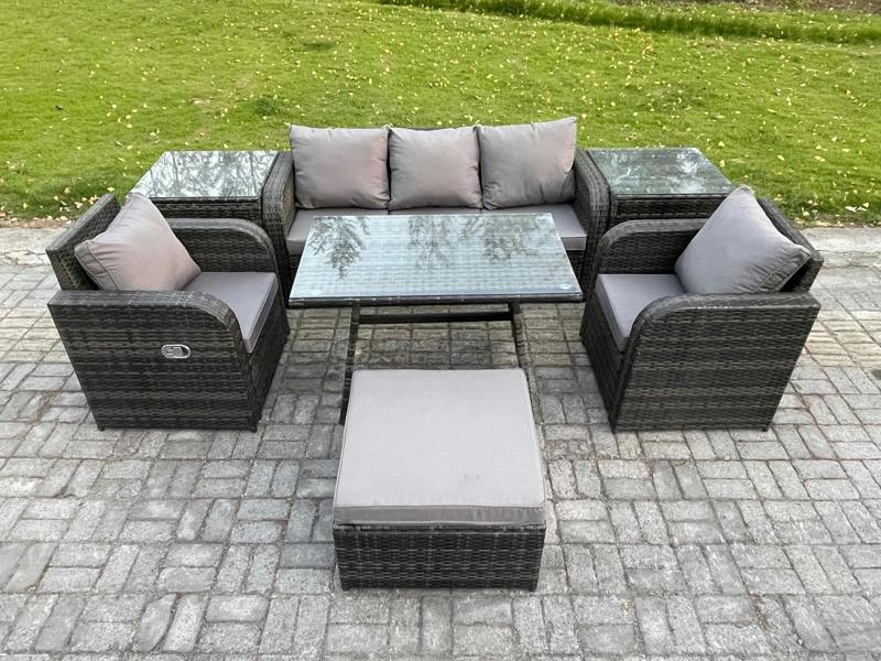 Fimous 6 Seater Rattan Wicker Garden Set, Patio Conservatory, Dining Table, Reclining Chair, 3 Seater Sofa, Big Footstool and 2 Side Tables