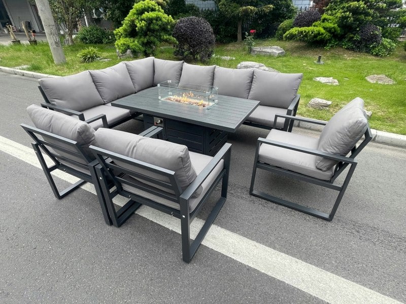 Fimous Aluminum Outdoor Garden Furniture Set Corner Sofa 3 PC Chairs Gas Fire Pit Dining Table Set Gas Heater Burner Dark Grey 8 Seater