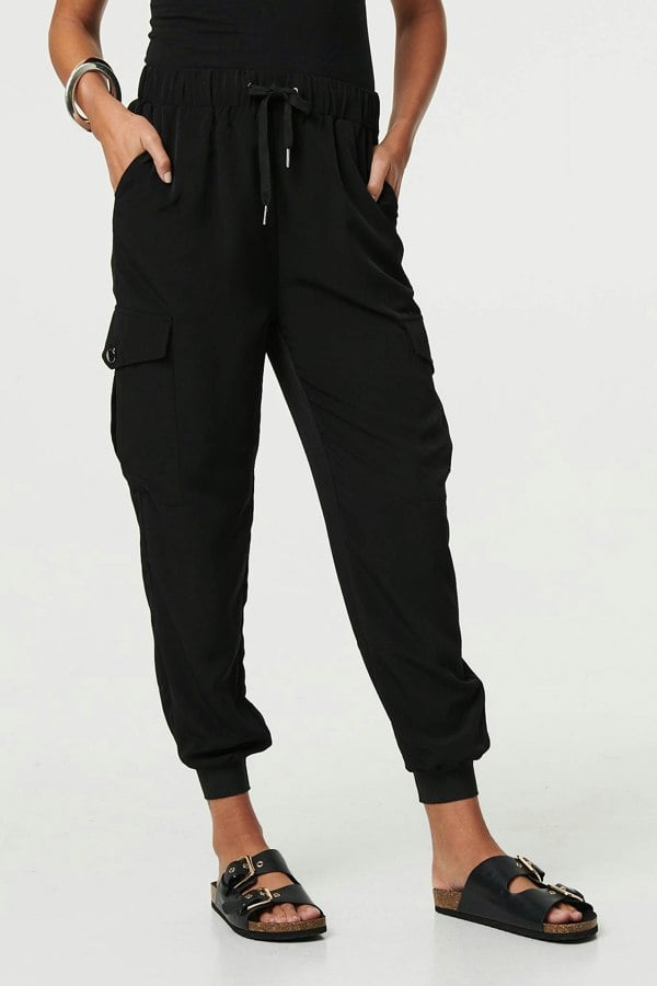 Black | Drawstring High Waist Cargo Trousers
