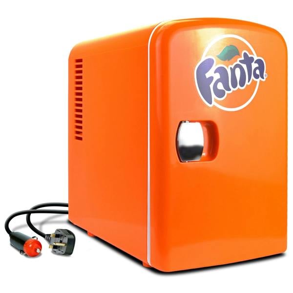 Coca-Cola Fanta 4L Mini Fridge Orange 6 Can Cooler Warmer for Bedroom, Office or Travel (12V Plug)