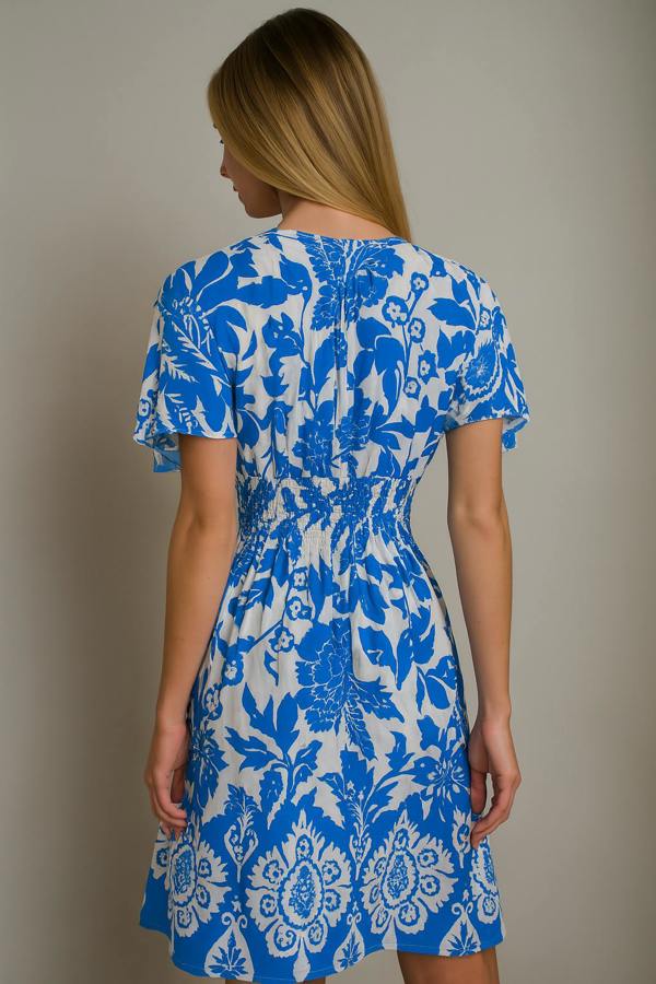 Hoxton Gal Oversized Floral V-Neck Boho Style Smocked Mini Dress