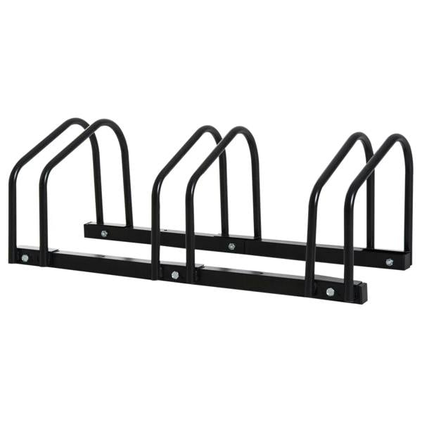 Black 3-bicycle parking rack with three U-shaped holders on a flat base