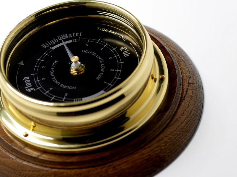 Tabic Handmade Prestige Tide Clock in Solid Brass Mounted on solid English Dark Oak