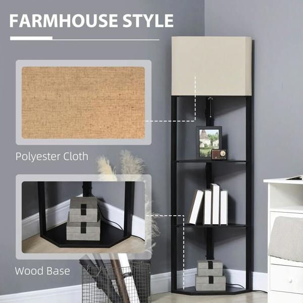 Tall corner floor lamp with beige fabric shade and black open shelves for decor