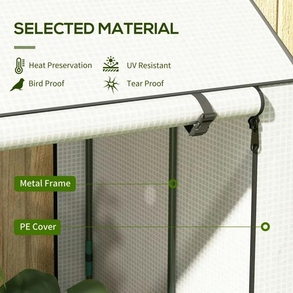Mini greenhouse close-up: metal frame with PE cover panels and roll-up door hardware