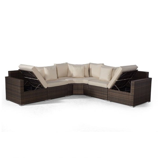 Giardino Santorini L Shape Modular 5 Seat Rattan Corner Sofa Set With Daybed Ottoman & Large Drinks Cooler Coffee Table