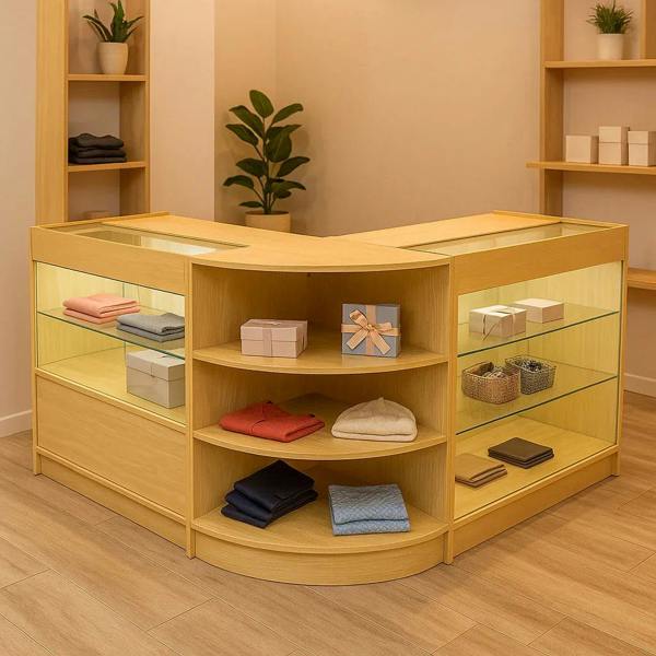 Maple Calliope LED shop counter set featuring glass shelves, soft lighting, and neatly arranged textiles in a modern retail space
