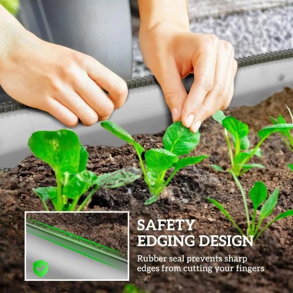Galvanized metal raised garden bed safety edging with rubber seal along the rim