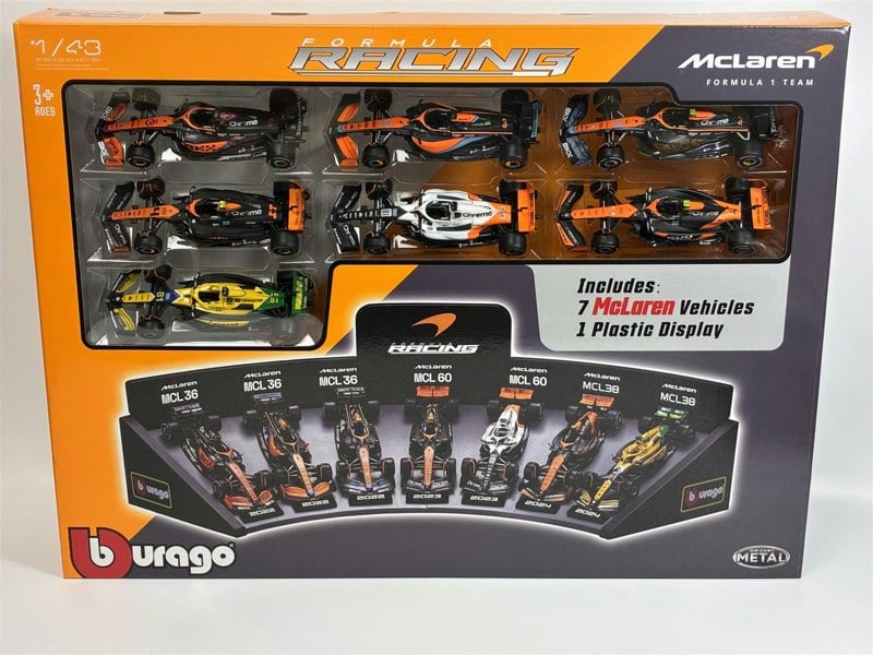 McLaren Formula 1 Set of 7 Cars with Display Stand 1:43 Scale Bburago 38169