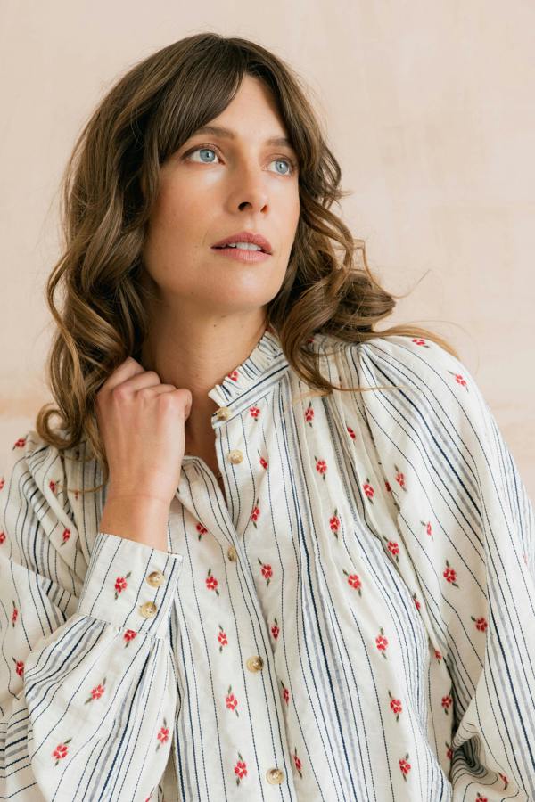 Lily & Me Flora Embroidered Stripe Blouse Ecru