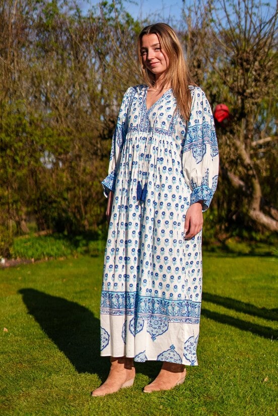AMELIA FLOATY SLEEVE WOODBLOCK PRINTED COTTON VOILE DRESS