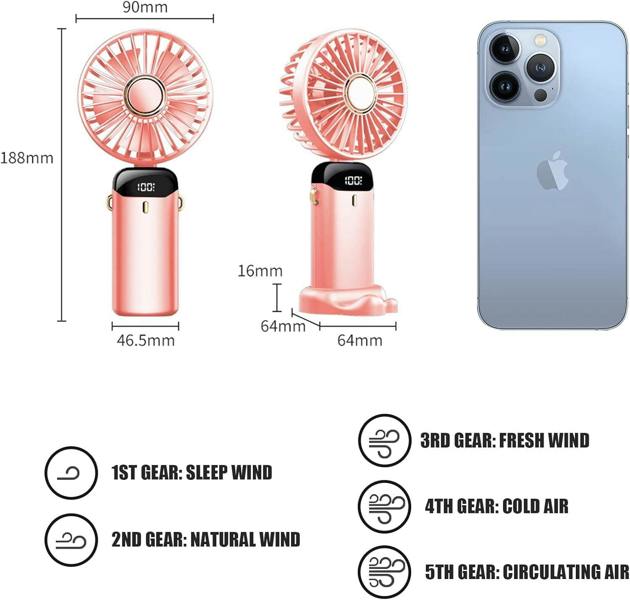 Dyzi 2-in-1 Portable Travel Mini Handheld Desk Table Fan USB-C Rechargeable Pink