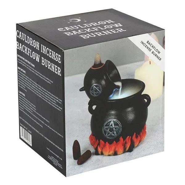 Backflow incense burner gift box showing a black cauldron with red flame trim