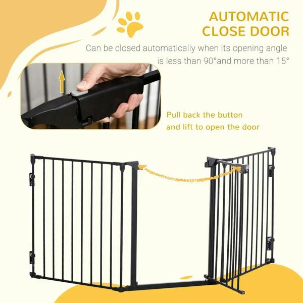 Black metal pet gate with automatic closing door and pull-button latch