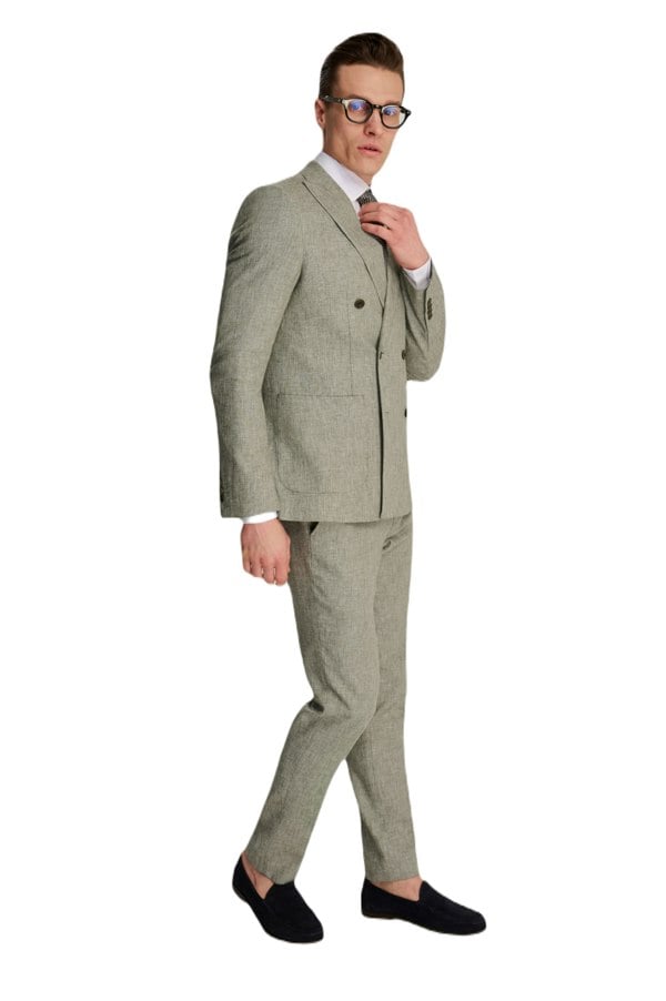 Harry Brown London Giacomo Cotton Linen Double Breasted Suit Jacket in Green