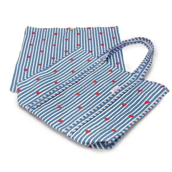 Elie Beaumont Serendipity Cotton Quilted Tote - Blue Stripe Red Heart