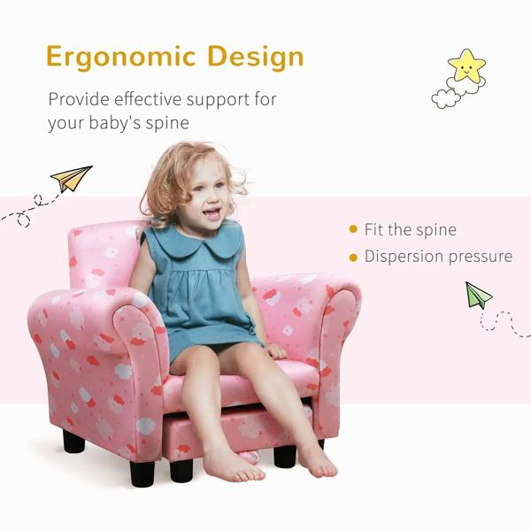 Pink cloud-pattern toddler armchair with high back, cushioned armrests, and ottoman