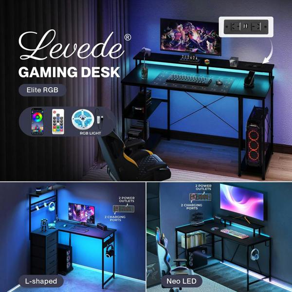 Levede Gaming Desk RGB LED Light Power Computer Table Storage Shelf Home Office