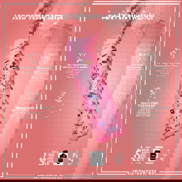 A pink water bottle with floral print is being held; it features a hide-away handle, hygiene cover, and wide mouth opening. The bottle is an award-winning design, made of slim stainless steel.