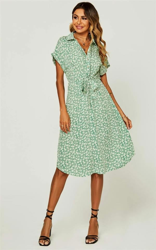 FS Collection Relaxed Floral Print Button Down Midi Shirt Dress In Green