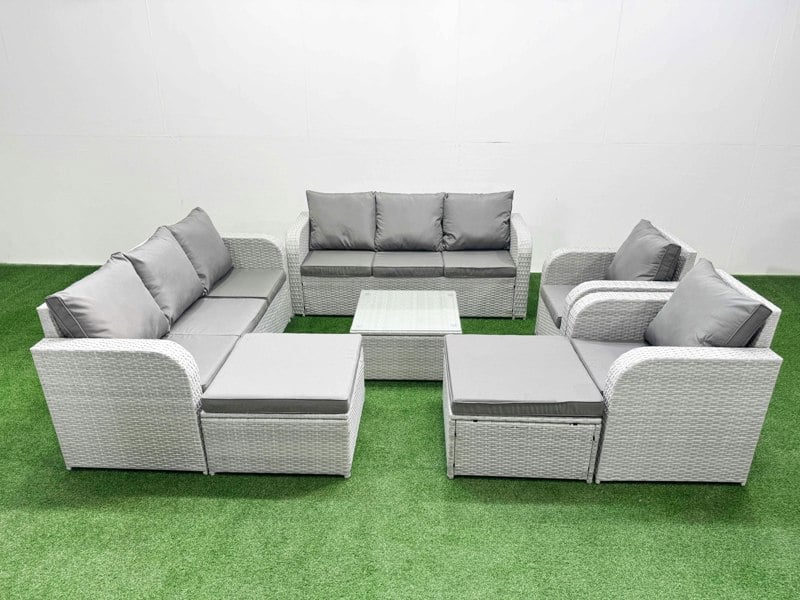 Fimous PE Rattan High Back Lounge Sofa Set Patio Square Coffee Table & Chairs Set with 3 Seater Sofa Reclining Chair 2 Big Footstool Light Grey