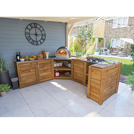 Dunster House Wooden Garden Kitchen Unit C-Configuration With Stainless Steel Countertop, W2.5m x D2m / W7'9" x D6'9"