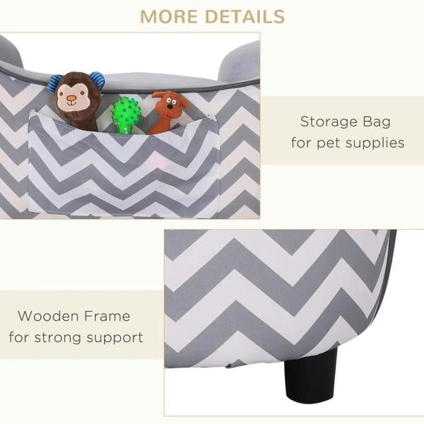 Pet sofa details: zigzag side panel design and wooden frame with storage bag