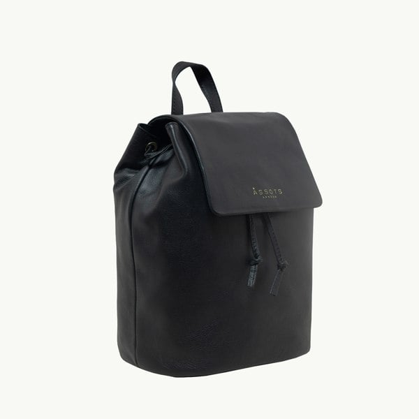 Assots London 'GRACE' Black Full Grain Leather Flap-over Backpack