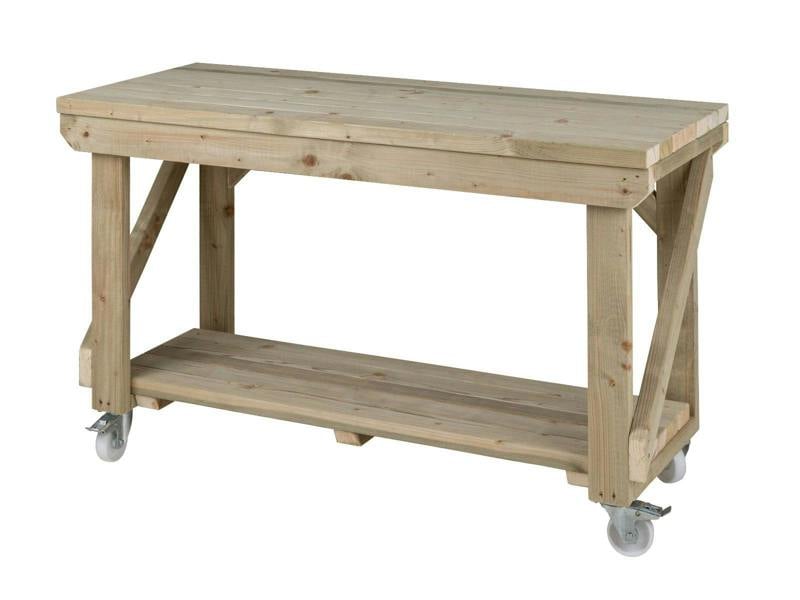 Indoor/Outdoor Pressure-Treated Single Shelf with wheels Workbench, a robust and versatile solution for all your workspace needs. Handcrafted in the UK, this workbench is constructed from high-quality, pressure-treated timber, ensuring durability and resistance to the elements, making it suitable for both indoor and outdoor use.