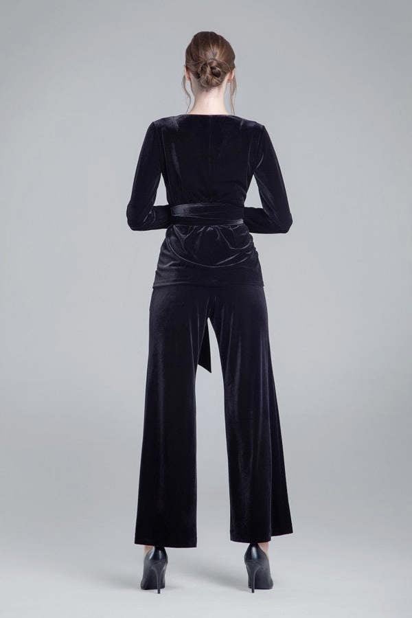 Rumour London Evelyn velvet wrap jacket with a self-tie sash in black