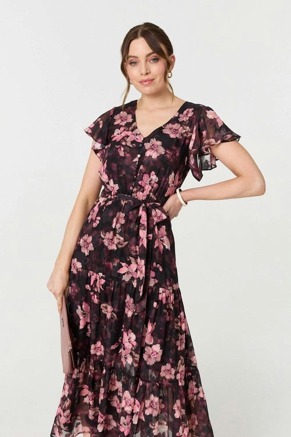Black | Floral Angel Sleeve Tie Waist Maxi Dress
