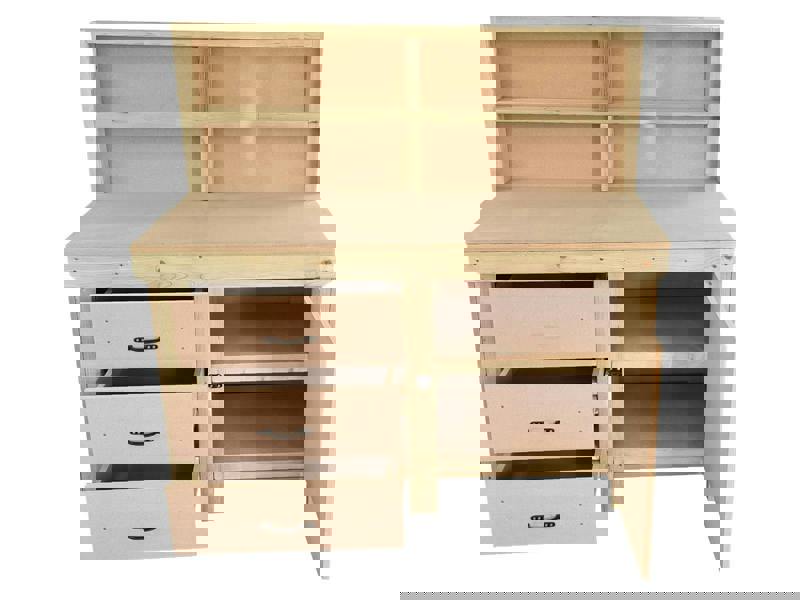 Wooden MDF Top Workbench – Sturdy tool cabinet with a lockable cupboard, back panel, and double shelf for extra storage. Ideal for garages, workshops, and studios