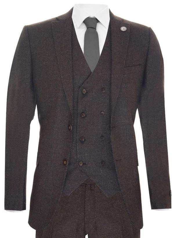TruClothing Mens Brown Wool 3 Piece Suit Double Breasted Tweed Peaky Blinders 1920