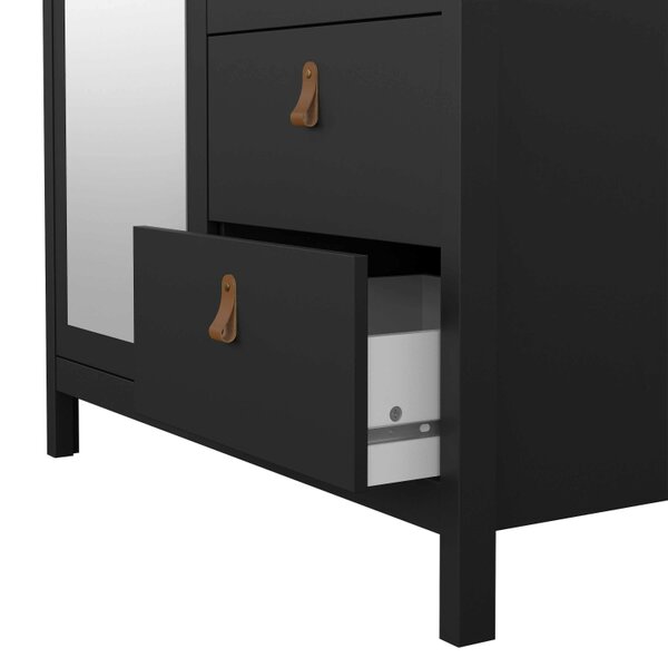 Wyld Haus Wildberry Matt Black Wooden Mirror Wardrobe  2 Doors 2 Drawers Leather Handles