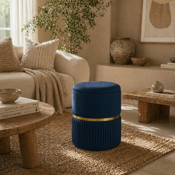 Wyld Haus Pazima Velvet Blue Storage Ottoman With Soft Upholstered Finish Gold Accent