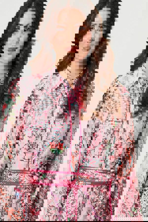 Pink | Floral Long Sleeve Shirt Midi Dress