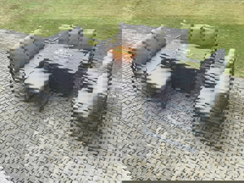 Fimous Aluminium Outdoor Garden Furniture Set Patio Lounge Sofa Gas Fire Pit Dining Table Set with Big Footstool Dark Grey