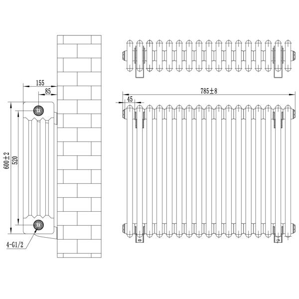 Traditional white 4 column radiator with dimensions 600mm height and 785mm width, featuring a sleek, smooth finish and detailed valve design