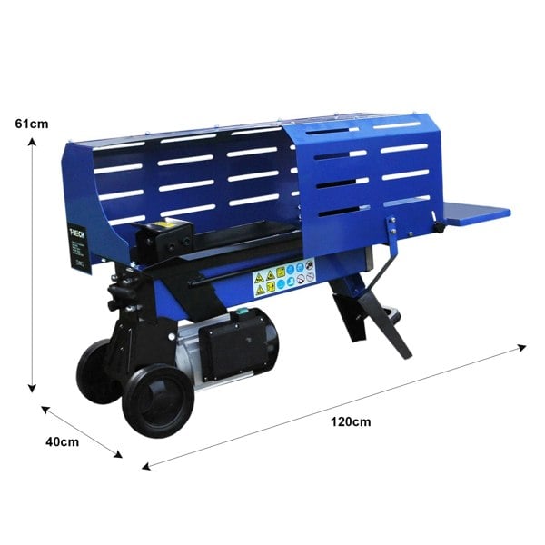 T-Mech 7T log splitter in blue with a sturdy metal frame, measuring 120cm long, designed for efficient wood splitting and easy maneuverability