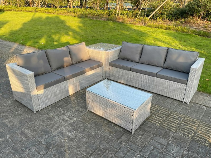 Fimous Rattan Outdoor Garden Furniture Set with Corner Sofa, Coffee Table & Side Table - 6 Seater - Light Grey