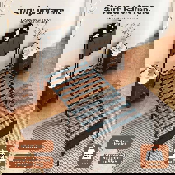 Levede Single Bed Frame Metal Platform Linen Upholstered Headboard with Storage