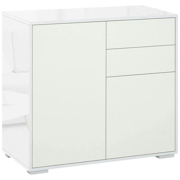 White high-gloss sideboard with framed doors and two drawers, push-open style