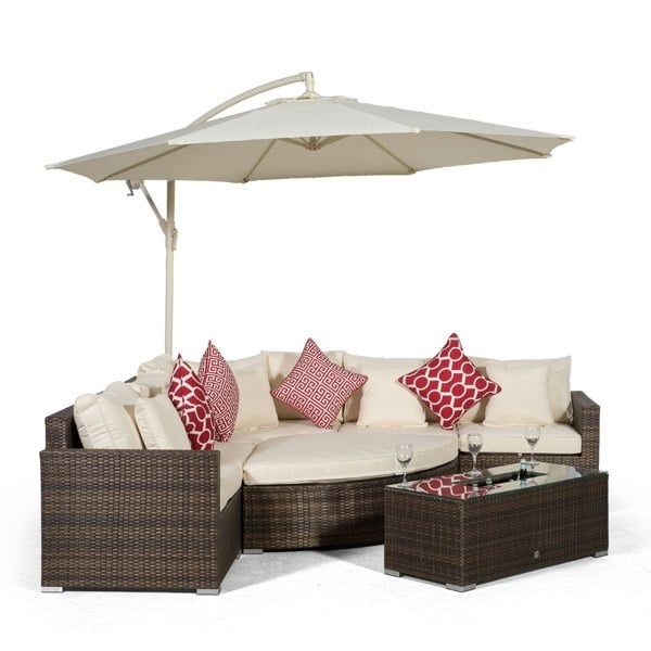 Giardino Santorini L Shape Modular 5 Seat Rattan Corner Sofa Set With Daybed Ottoman & Large Drinks Cooler Coffee Table