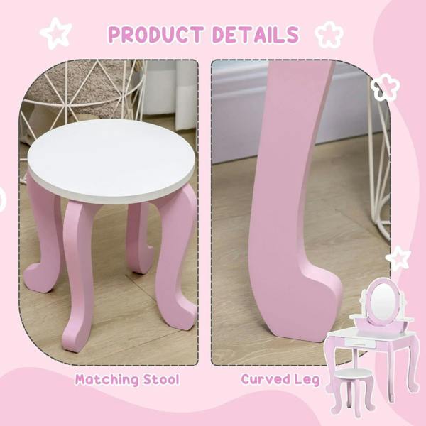 Matching pink stool with round seat for kids dressing table set, curved legs