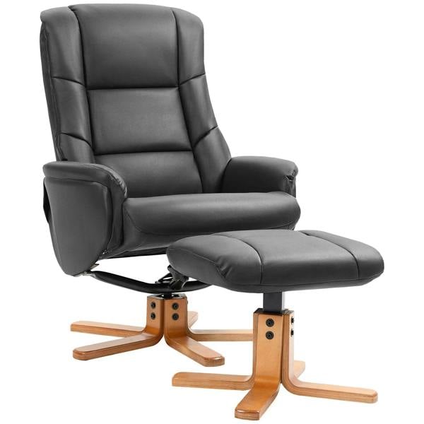 Black PU leather rocking recliner chair with footstool and wooden rocking base