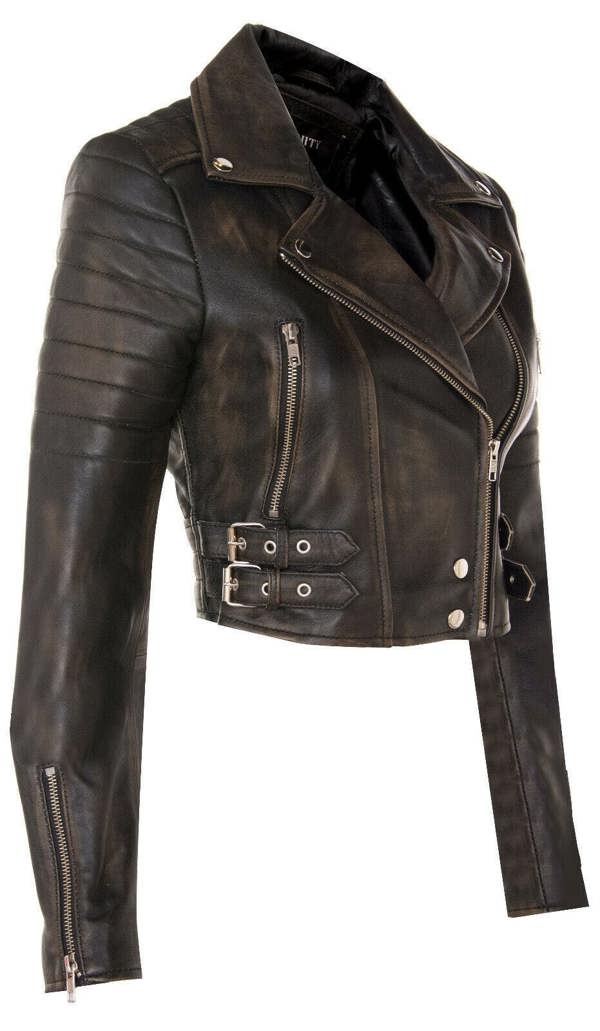 Womens Brando Cropped Leather Jacket-Longtown - Upperclass Fashions 