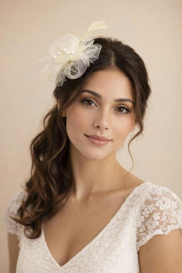 SVNX Rosette Faux Pearl & Polka Veil Feather Fascinator in Cream
