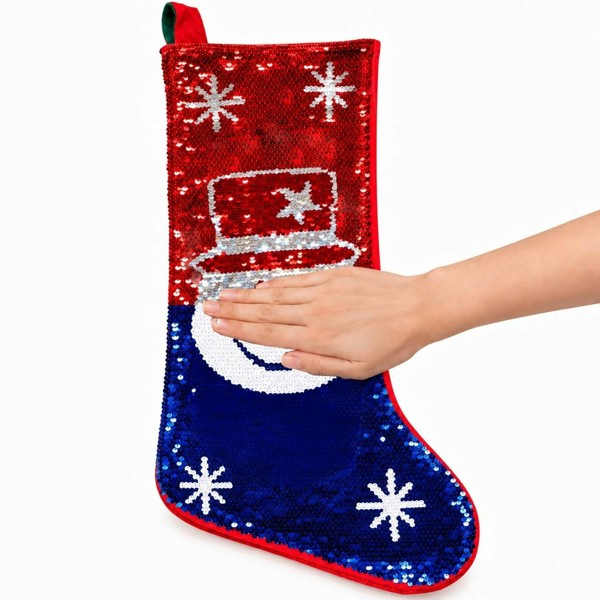 Shatchi 45cm Novelty 2-in-1 Snowman Sequin Christmas Stocking Sack, Red and White, Decorative Gift Storage - 45CM - White - Hanging decoration set