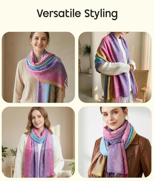 VIA MONTEN Women’s Gradient Pashmina Style Scarf, Oversized Jacquard Shawl Wrap with Fringe and Paisley Pattern